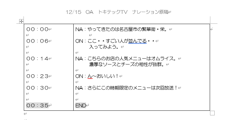 テレビのナレーション原稿